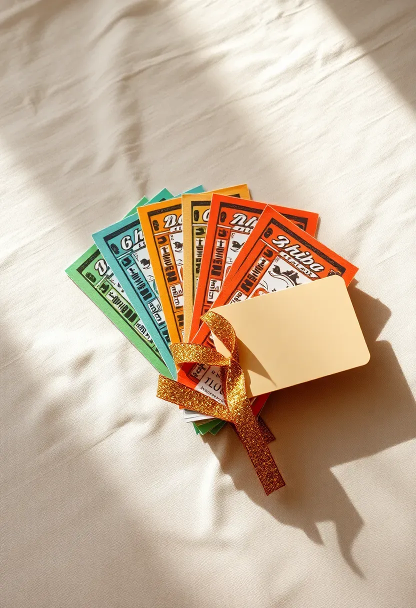 bundle of scratch off lottery tickets fanned out on a table tied with a glittery gold ribbon and a small card reading feeling lucky at a baby shower