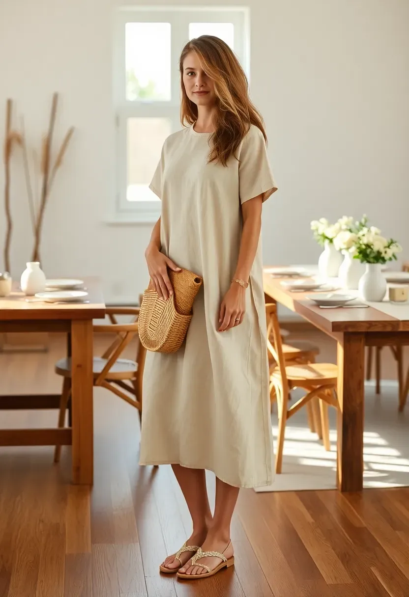 woman wearing a simple linen blend shift dress in natural oatmeal color with woven accessories at a minimalist baby shower