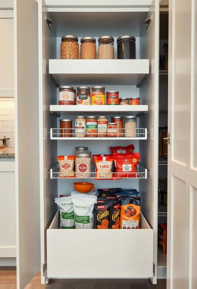Pull-out pantry drawer system with AI-organized zones: grains on top, canned goods in middle, snacks at the bottom, all clearly labeled