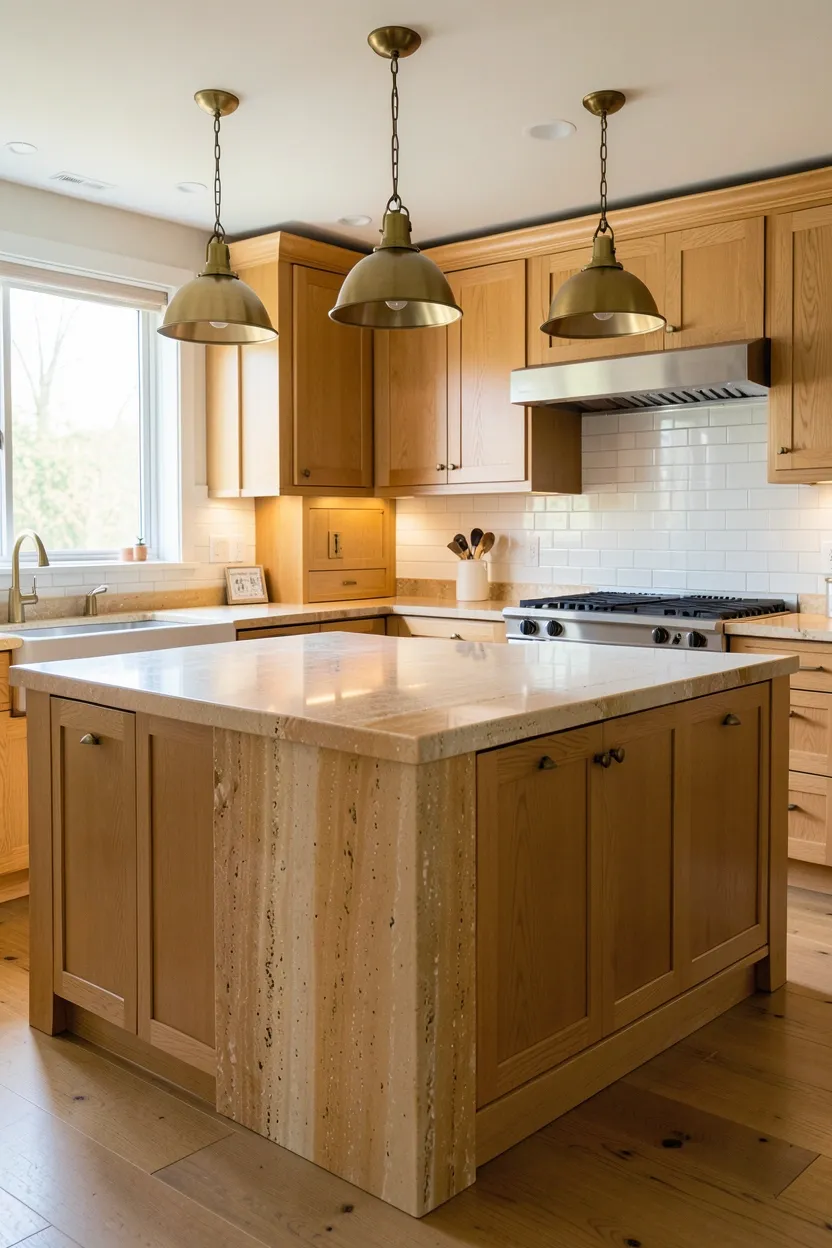 Hyper-realistic wide shot of a fall kitchen featuring warm stone countertop. Large island with waterfall edge featuring honed travertine stone in warm honey and cream tones with natural veining patterns. Light oak shaker cabinets surround island. Brass hardware on all cabinets. Three brass pendant lights over island. Warm white subway tile backsplash. Natural light from windows highlights stone's natural variations. Clean surfaces. No text, no logos, no watermarks.</p>
