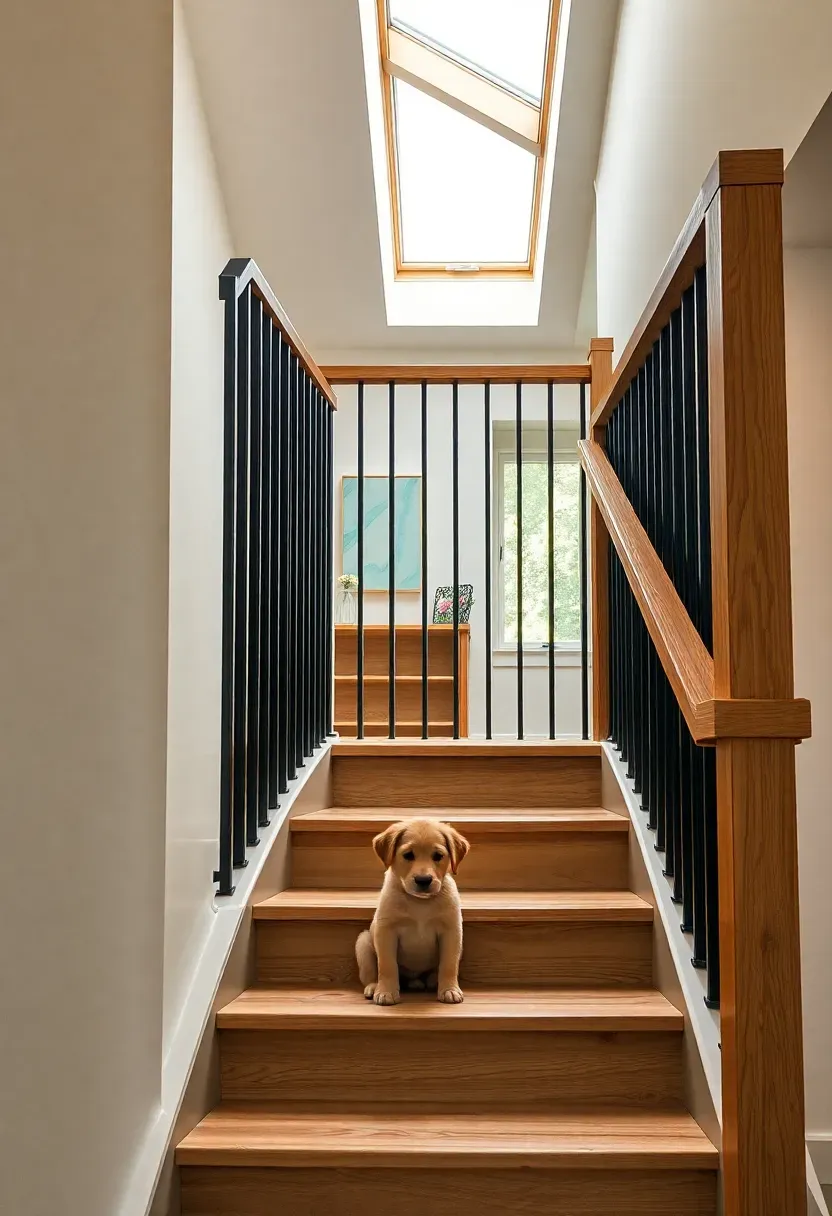 Modern home staircase with closely spaced matte black powder-coated steel balusters, solid oak handrail, light oak open-riser treads, and golden retriever puppy sitting safely at base