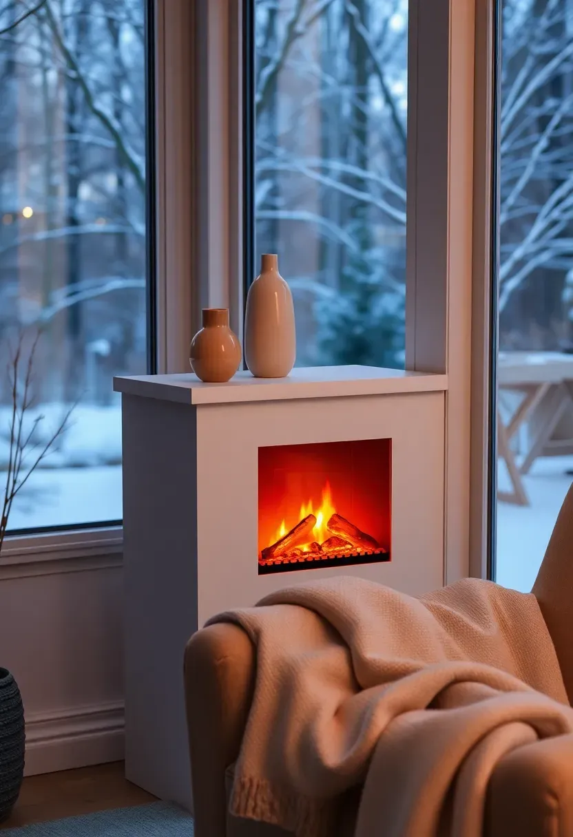 Portable electric fireplace with realistic flame effect in enclosed sunroom corner, supplementary heat source, warm cozy atmosphere