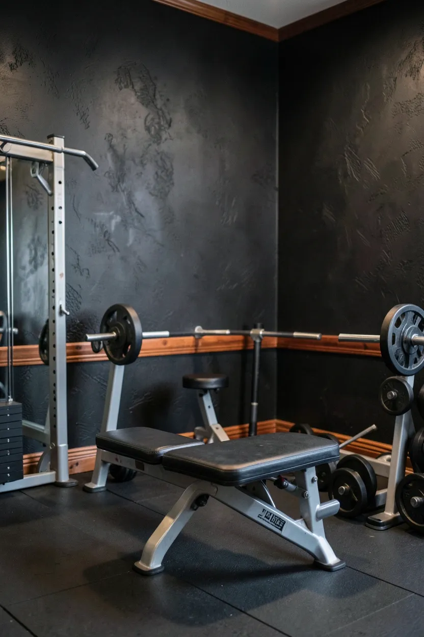 Workout room with textured black plaster walls and reddish-brown cedar wood baseboards and trim, multi-sensory gym design