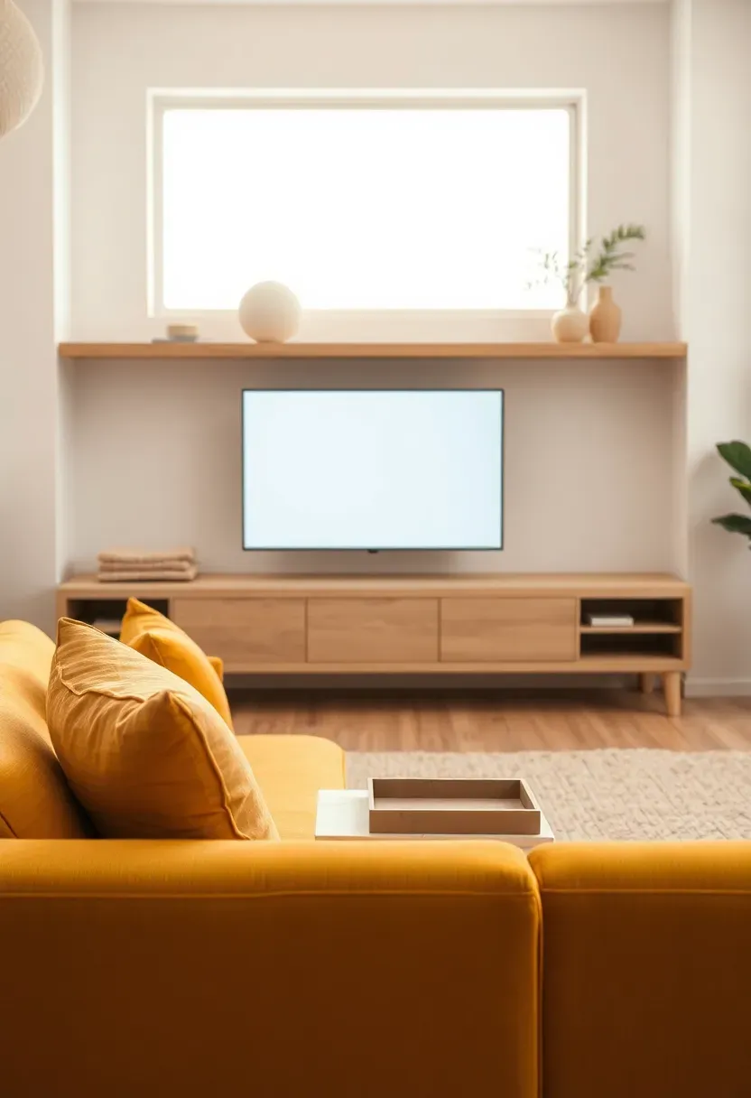 Floating media ledge with long sofa wall