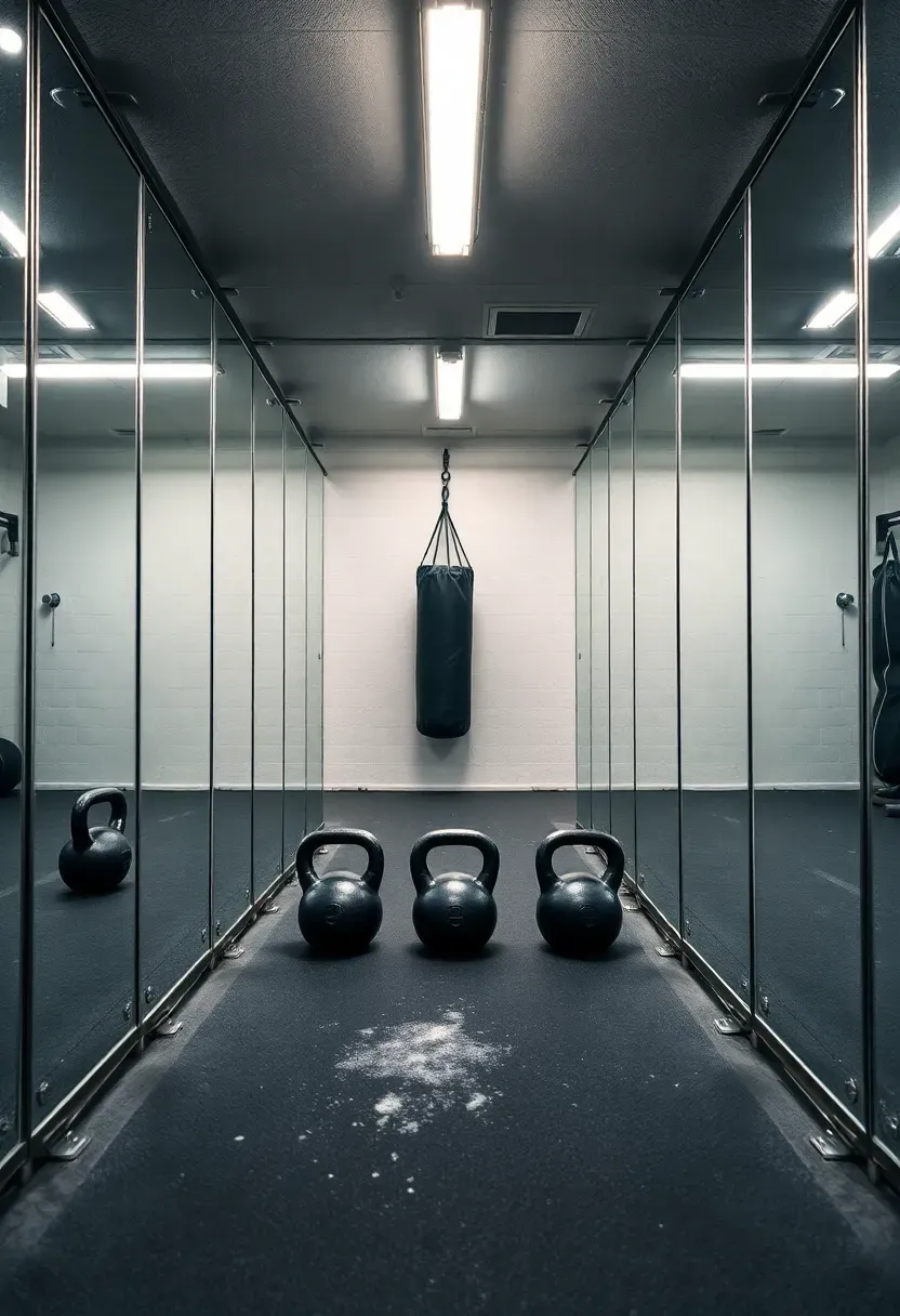 Wide floor-to-ceiling mirror wall in a basement gym reflecting a row of kettlebells and a punching bag