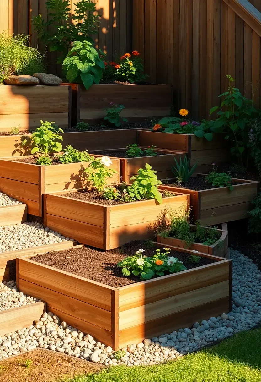 Tiered raised garden beds with three descending wood levels on a gentle backyard slope, planted with flowers and vegetables, photographed in warm afternoon light