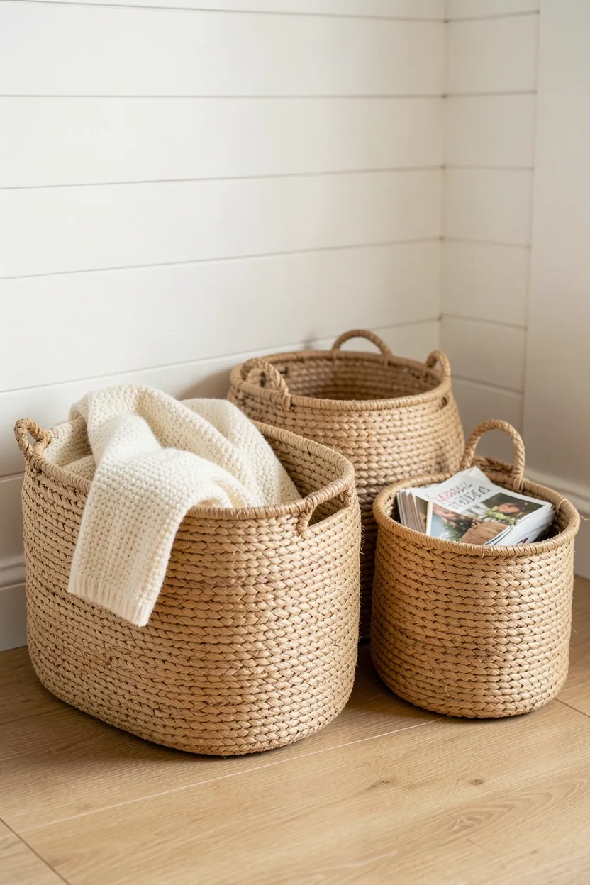 Woven jute and seagrass baskets used for storage in a cozy minimalist farmhouse living room