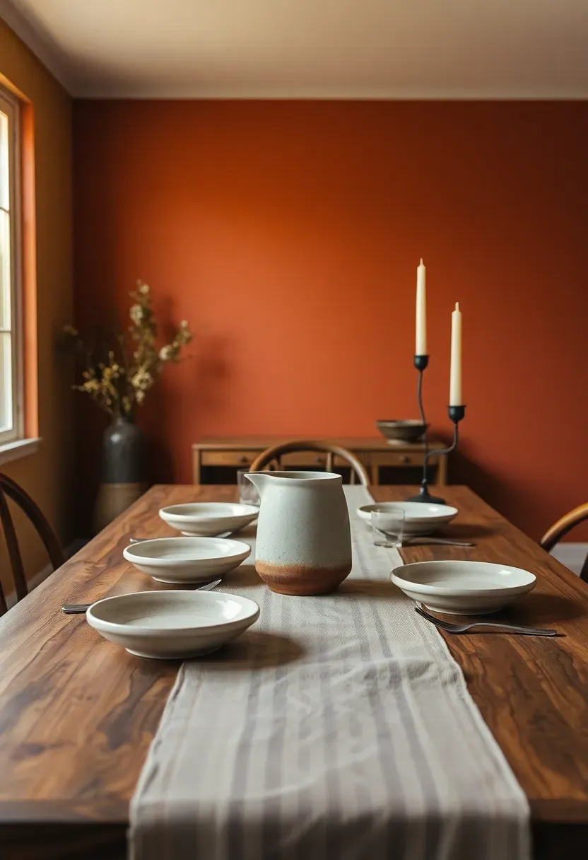 dining area with warm terracotta accent wall behind a wooden table set with linen runner and ceramic dishes