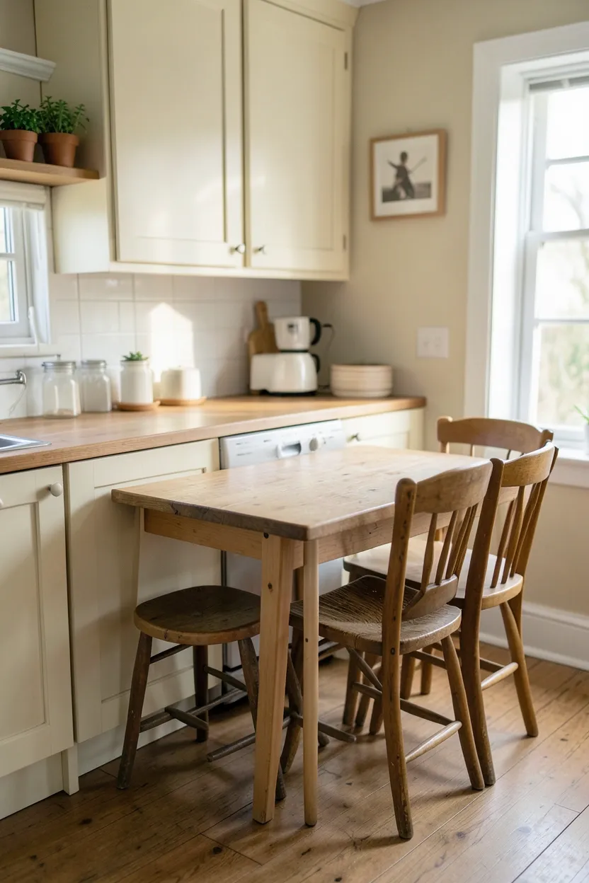 Drop-leaf table and rolling cart as multi-functional furniture in a small cottage kitchen — renter-friendly space-saving solution