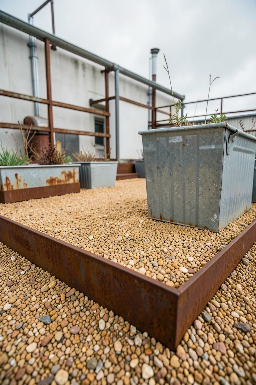 Industrial Gravel Patio with Metal Elements