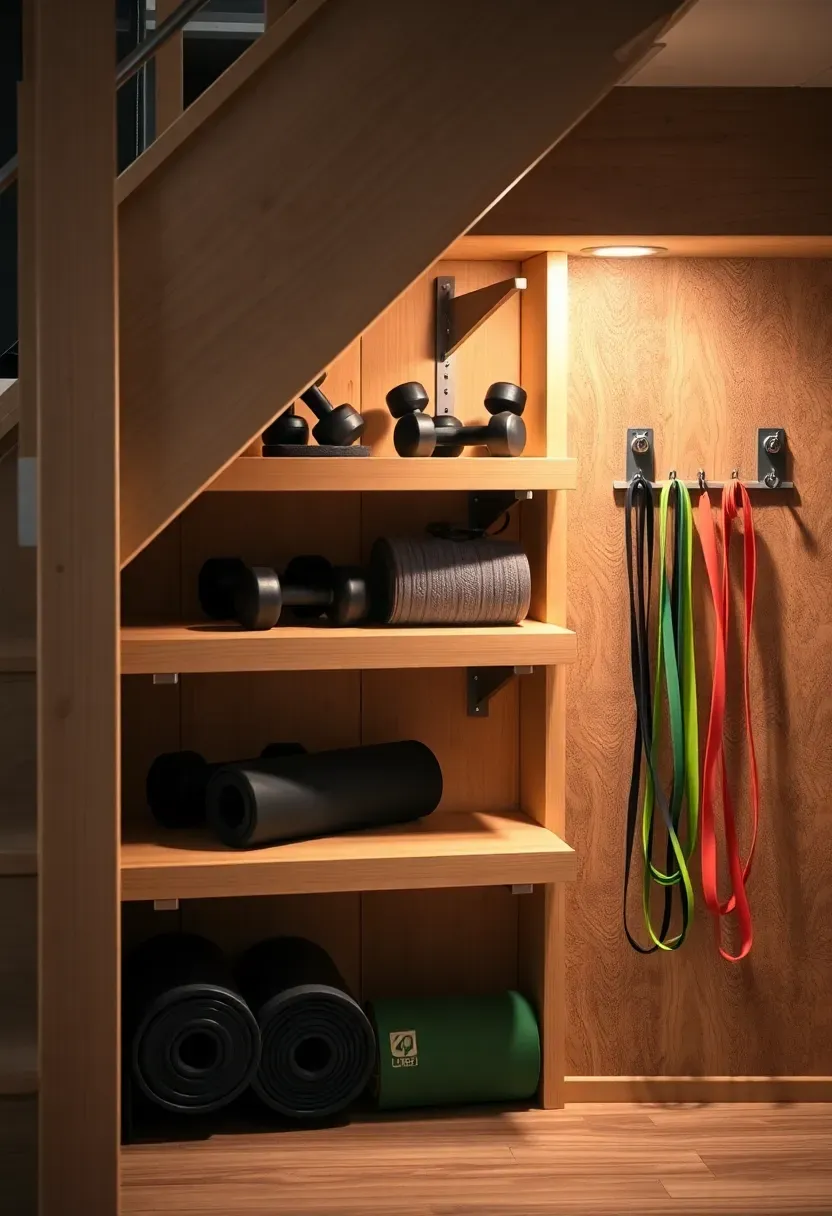 Custom-built storage shelves and hooks under a basement staircase holding dumbbells, yoga mats, foam rollers, and resistance bands