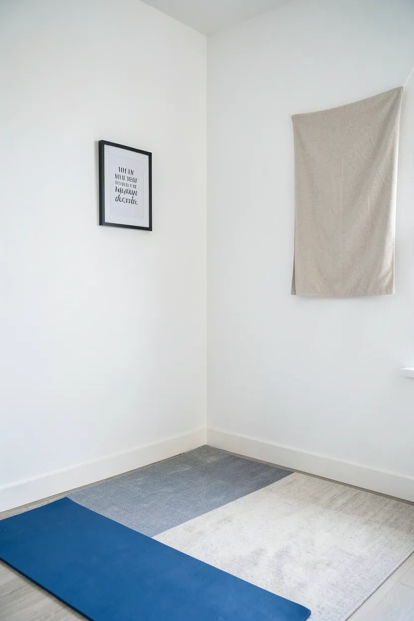 Small framed inspirational quote and a single personal achievement display on a white wall in a clean minimalist home gym — intentional motivation touches for a rental workout space