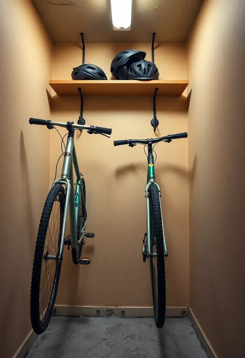 Two bicycles hanging vertically from wall-mounted hooks in a narrow basement space with helmets on a shelf above