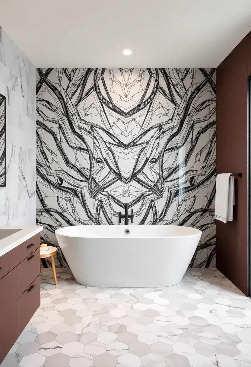 Bold geometric Moroccan-patterned tiles as a bathroom accent wall feature behind a white floating vanity