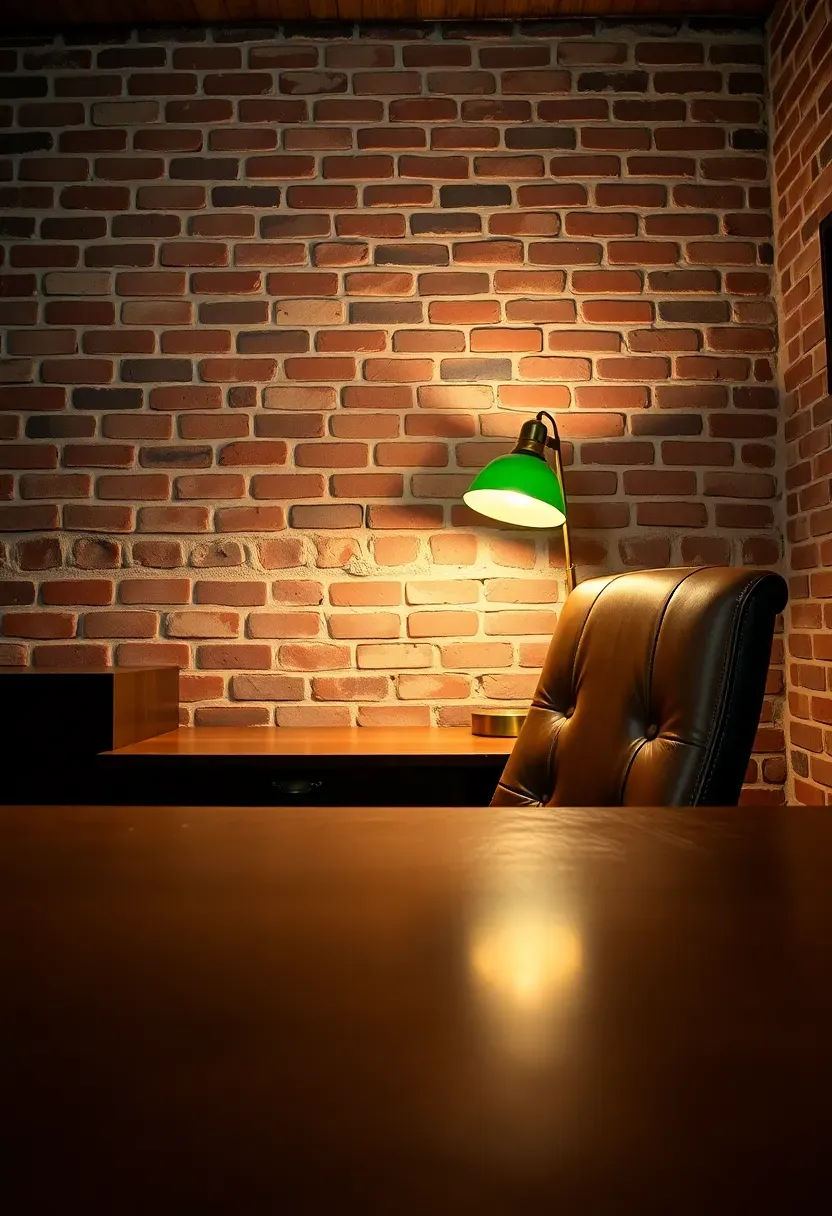 Basement office featuring an exposed brick wall behind a dark wood desk, leather chair, and vintage desk lamp