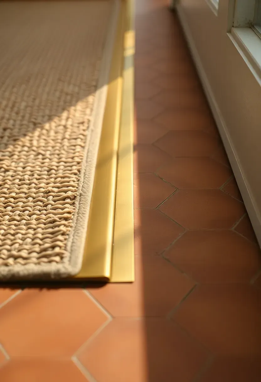 Transition zone between a sunroom sisal rug and terracotta tile floor with a brass threshold strip creating a clean boundary between materials