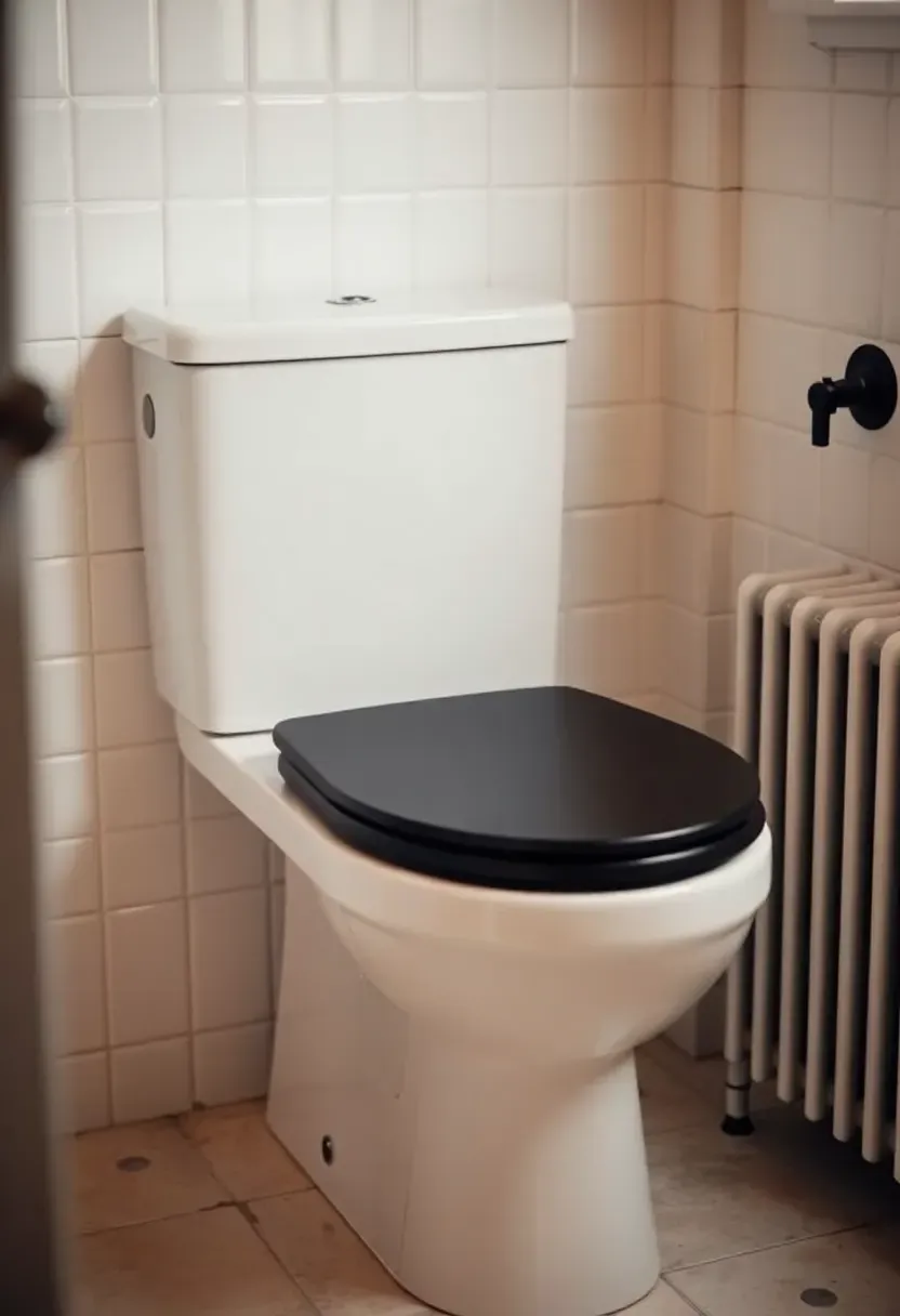 White toilet with matte black soft-close seat and black tank cover in a modern apartment bathroom