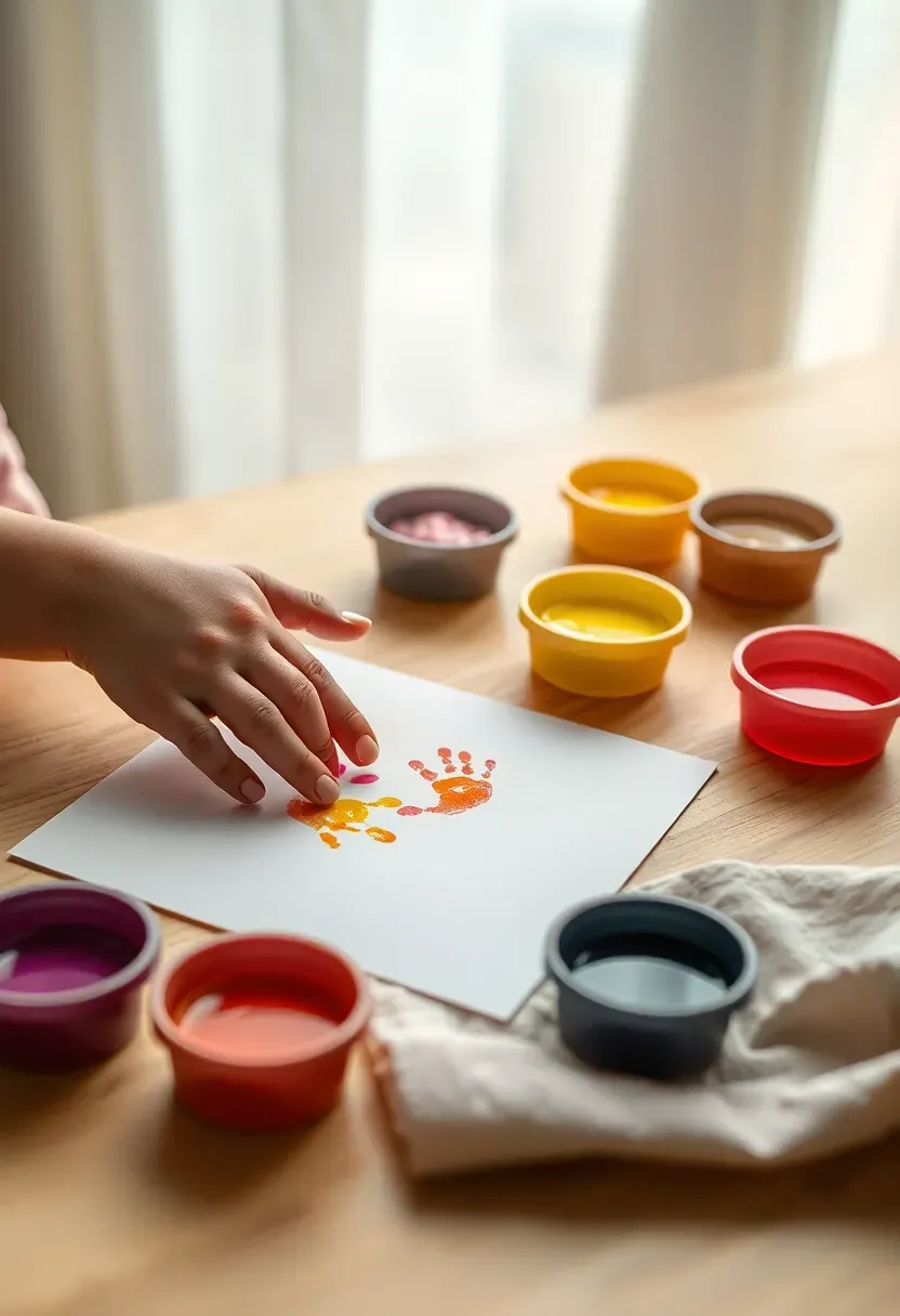 child pressing colorful fingerprints onto a card to form flower shapes