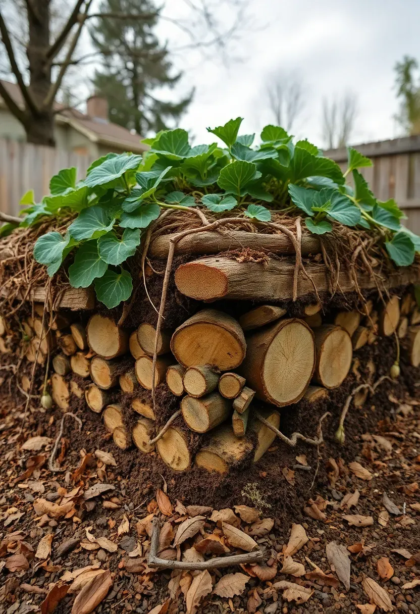 Large hugelkultur mound bed in a backyard covered with leafy greens and squash vines with visible wood core layers on the cut end