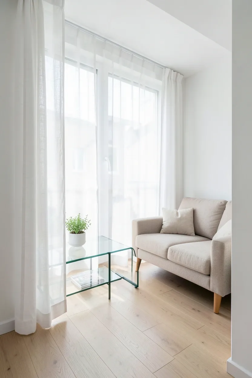 White sheer curtains on tall windows flooding a small Scandinavian apartment living room with soft natural light