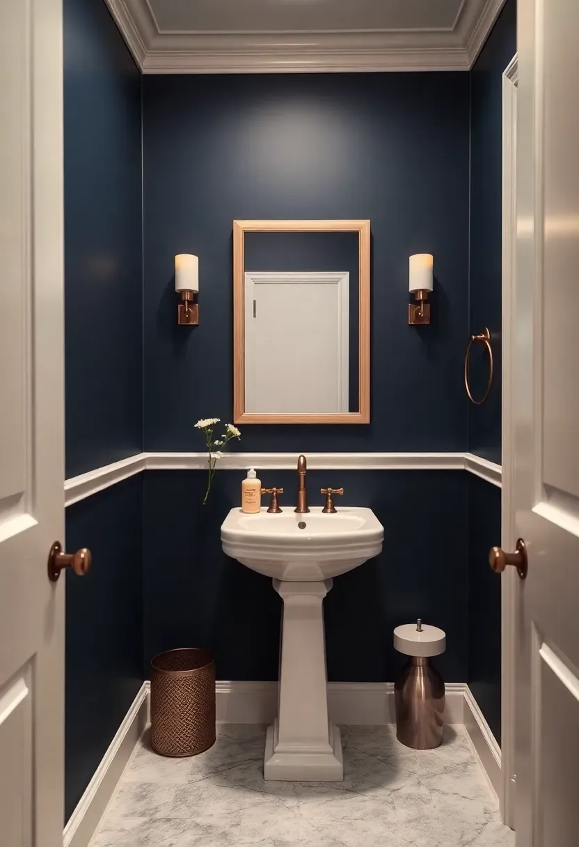 Bold navy blue painted walls with bright white trim and pedestal sink in a small sophisticated powder room with antique brass mirror