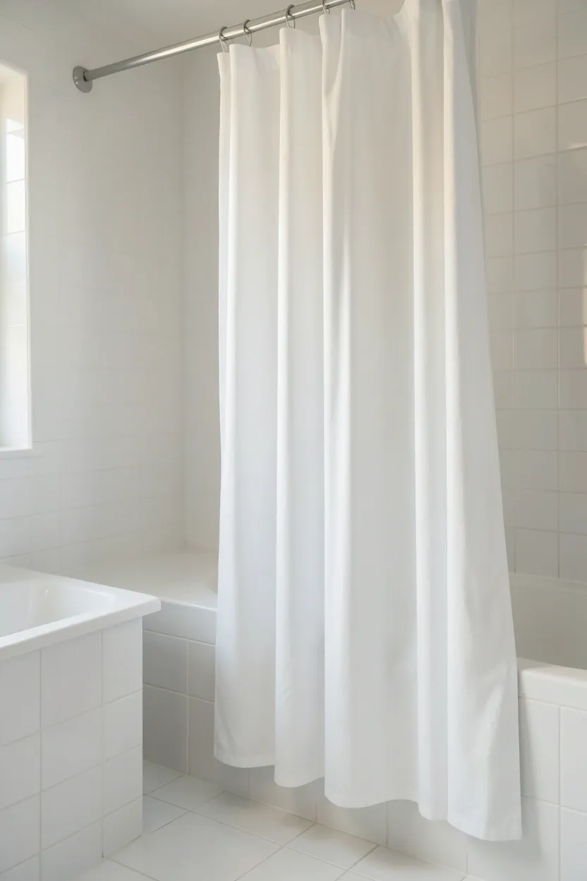 White linen floor-length shower curtain hung high on a rod in a small apartment bathroom for visual height