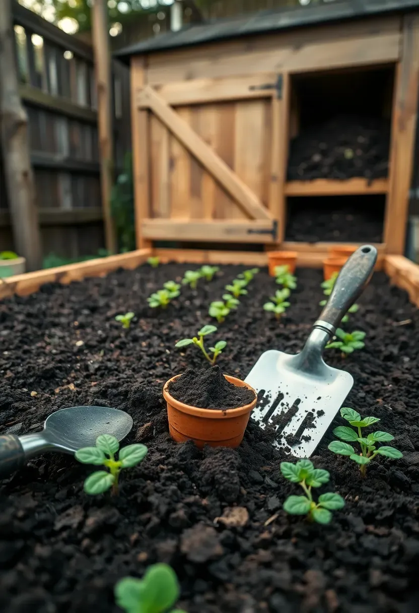Raised vegetable garden bed with compost-amended dark soil, seedling rows, and open wooden compost bin with finished compost visible