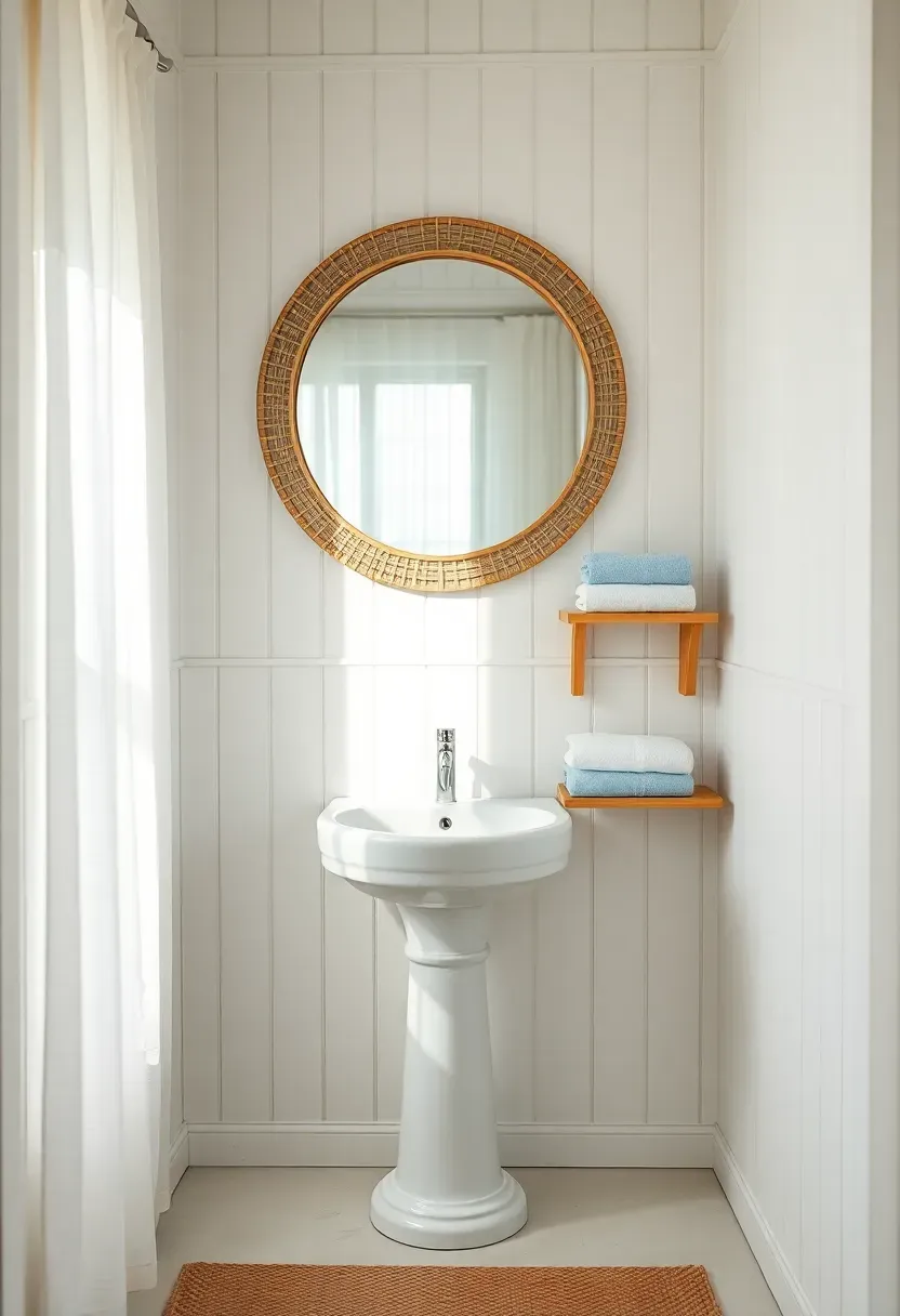 Airy coastal bathroom with white shiplap walls from floor to ceiling, a round rattan mirror above a simple white pedestal sink, and soft blue towels