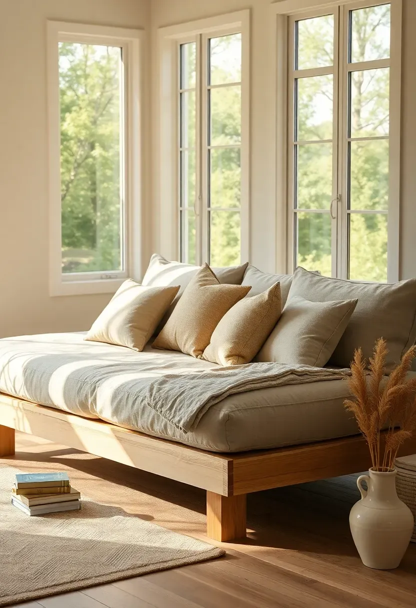 Oversized linen daybed with bolster pillows and a lightweight cotton throw positioned beneath sunroom windows with a stack of books and a ceramic vase nearby