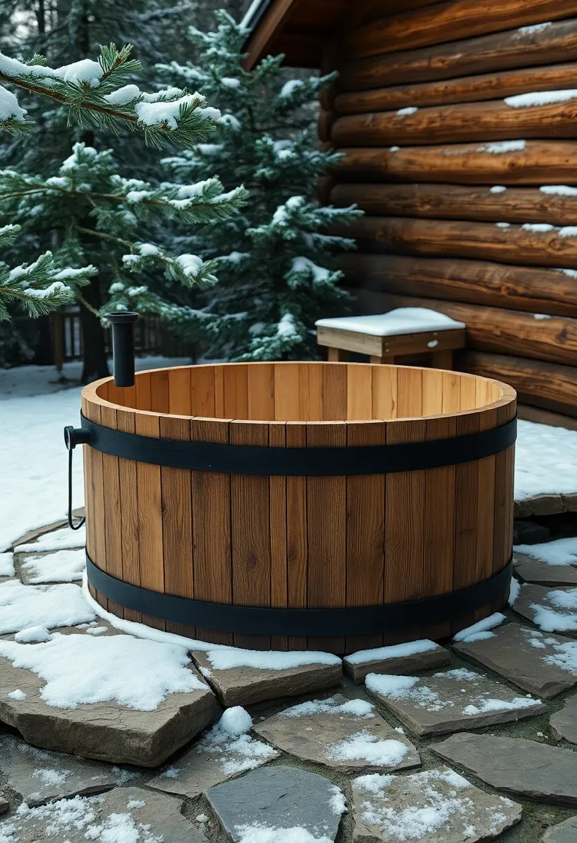A rustic log cabin backyard with a cedar hot tub on a stone pad surrounded by pine trees and snow on the ground