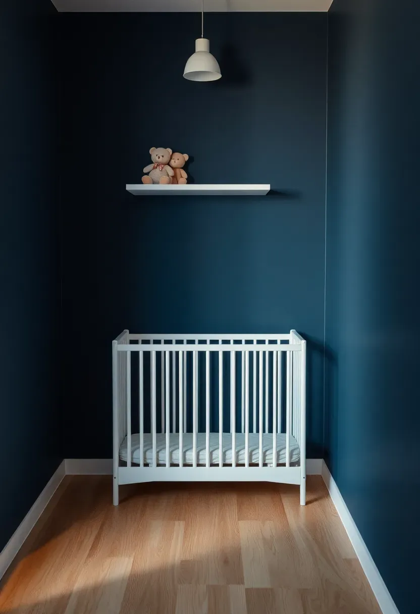 crib placed in corner of small baby boy nursery maximizing open floor space with blue walls