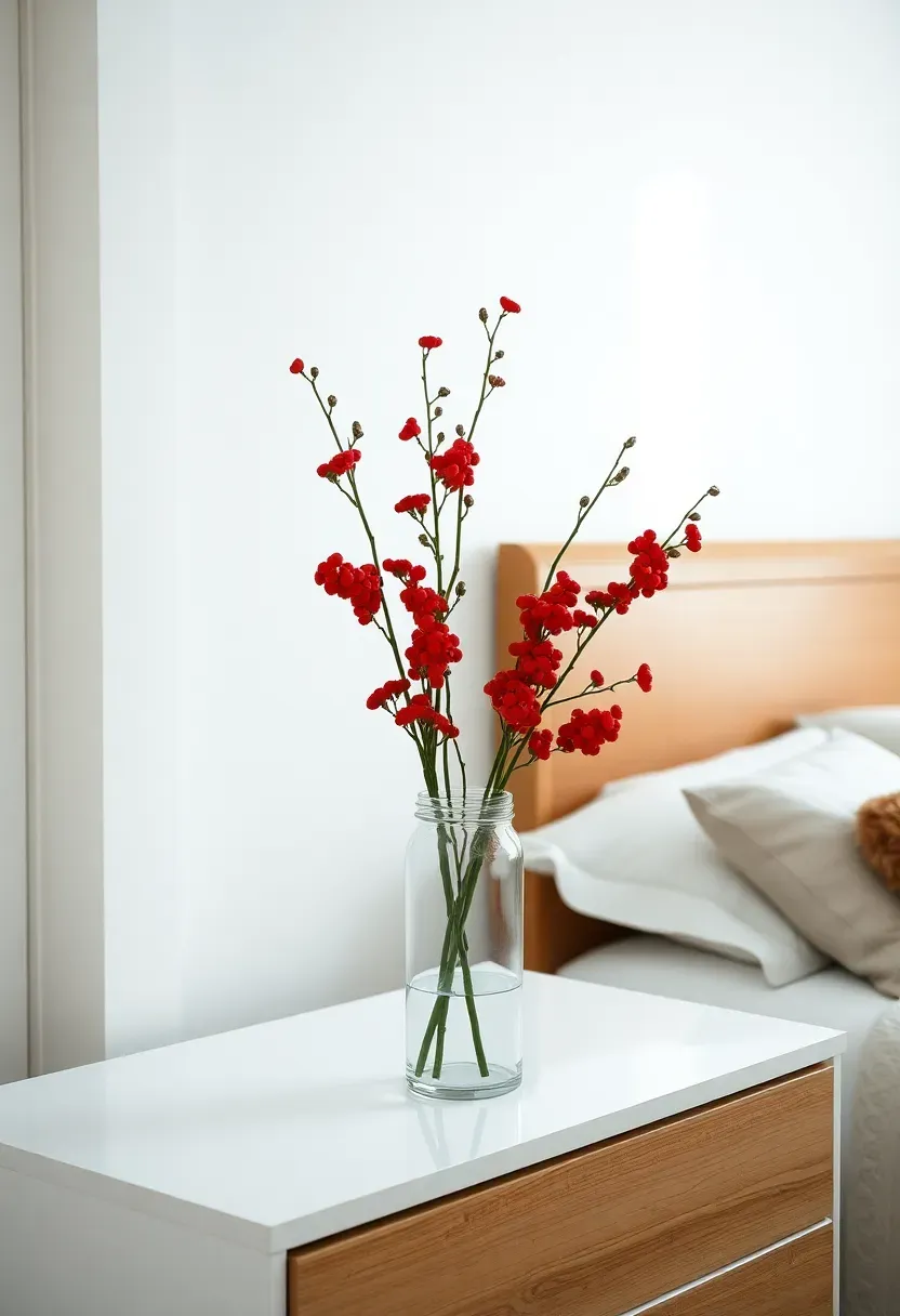 Hyper-realistic 3/4 view of bedroom dresser with tall clear glass vase holding branches of bright red winter berries. Five berry branches arranged vertically, red berries clustered along stems providing vibrant color against white walls and neutral bedding. Vase on white dresser, mirror behind reflecting berries. Natural light from window, berries creating vivid festive accent. Materials: glass vase, fresh berry branches, wood dresser. Minimal Christmas bedroom style. Shallow depth of field, sharp details on berry clusters. No text, no logos, no watermarks.</p>