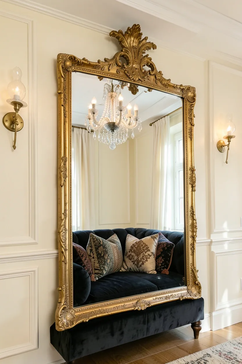 Tall arched mirror with gilded gold frame leaning against a cream wall beside a velvet sofa, reflecting natural light in a luxury living room