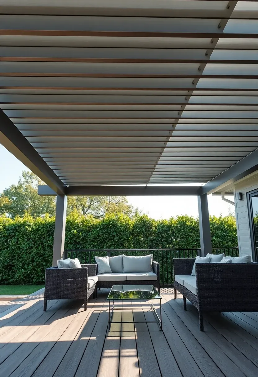 Modern louvered roof pergola with adjustable aluminum slats in a half-open position over a backyard deck with contemporary outdoor furniture