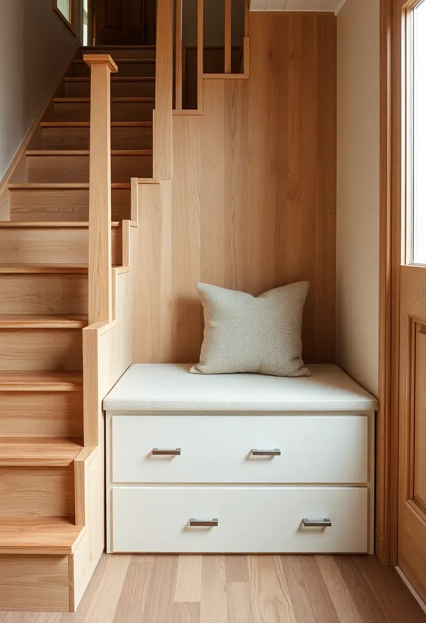 Hyper-realistic 3/4 view of a tiny house staircase with drawer storage underneath and storage bench at landing. Materials: white oak stairs, matte white drawer fronts, linen cushion on bench, brushed steel pulls. Warm diffused window light, creamy neutrals with warm wood tones. Mood: clever, efficient, organized. Shallow depth of field, sharp details, balanced composition, soft shadows, visible room context. No text, no logos, no watermarks.</p>