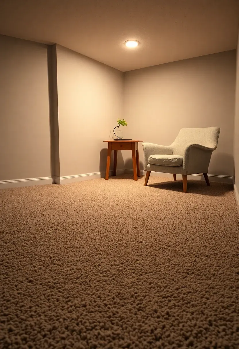 basement room with warm gray Berber loop pile carpet and simple wood furniture