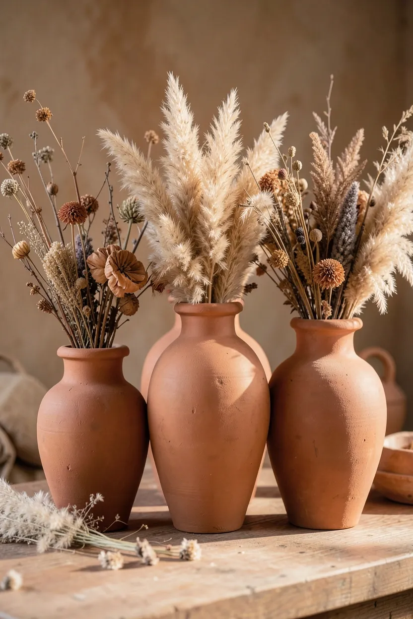 Grouped terracotta vases with dried pampas grass and eucalyptus on a wood shelf in a warm apartment living room