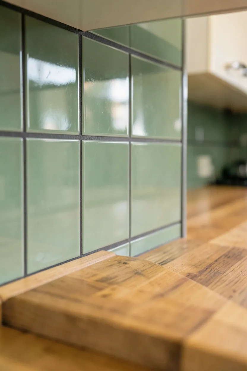 Sage Green Subway Tile Backsplash With Dark Grout