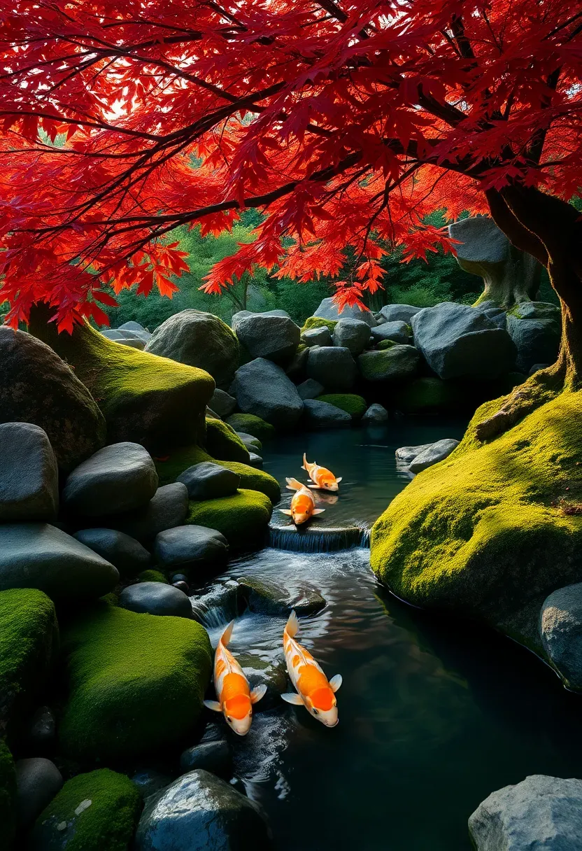 Japanese-inspired koi pond with a flowing stream section, moss-covered rocks, and red Japanese maple overhanging the water