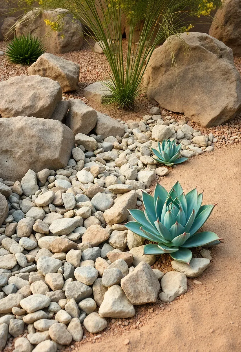 Dry creek bed landscape in Arizona with smooth river rocks, desert boulders, agave, and native shrubs along a naturalistic wash