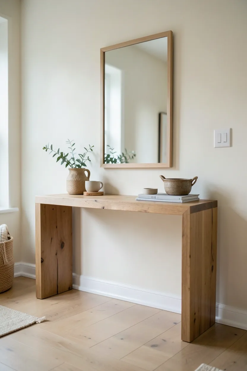 Simple natural wood console table with a round frameless mirror above, small plant and ceramic decor on top, in a bright Scandinavian boho rental living room