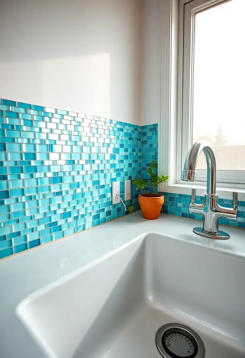 iridescent glass mosaic backsplash reflecting blue and green tones behind a white kitchen sink