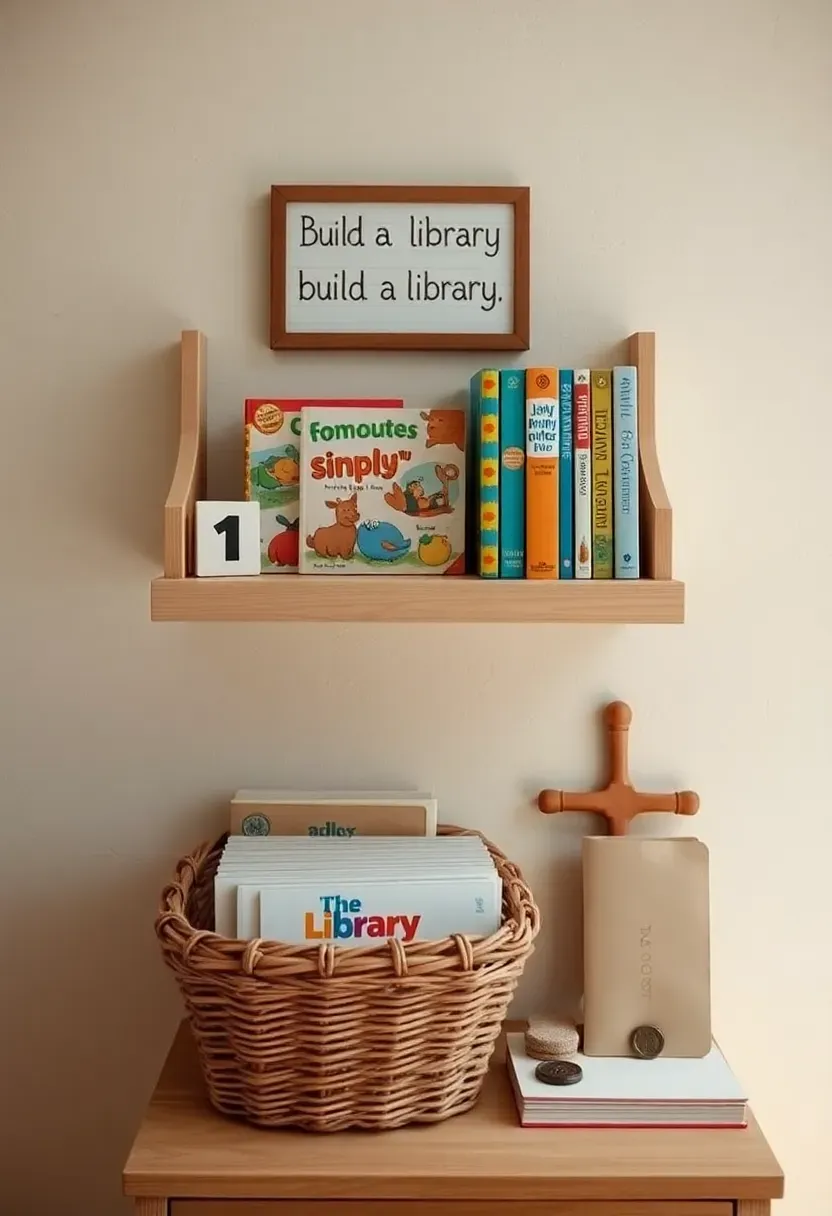 build a library baby shower gift station with pine wood shelf of colourful board books and wicker basket below