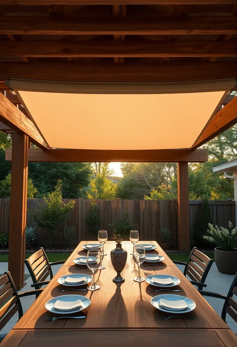 A wooden pergola with retractable fabric shade panels providing overhead privacy over an outdoor dining area in a backyard