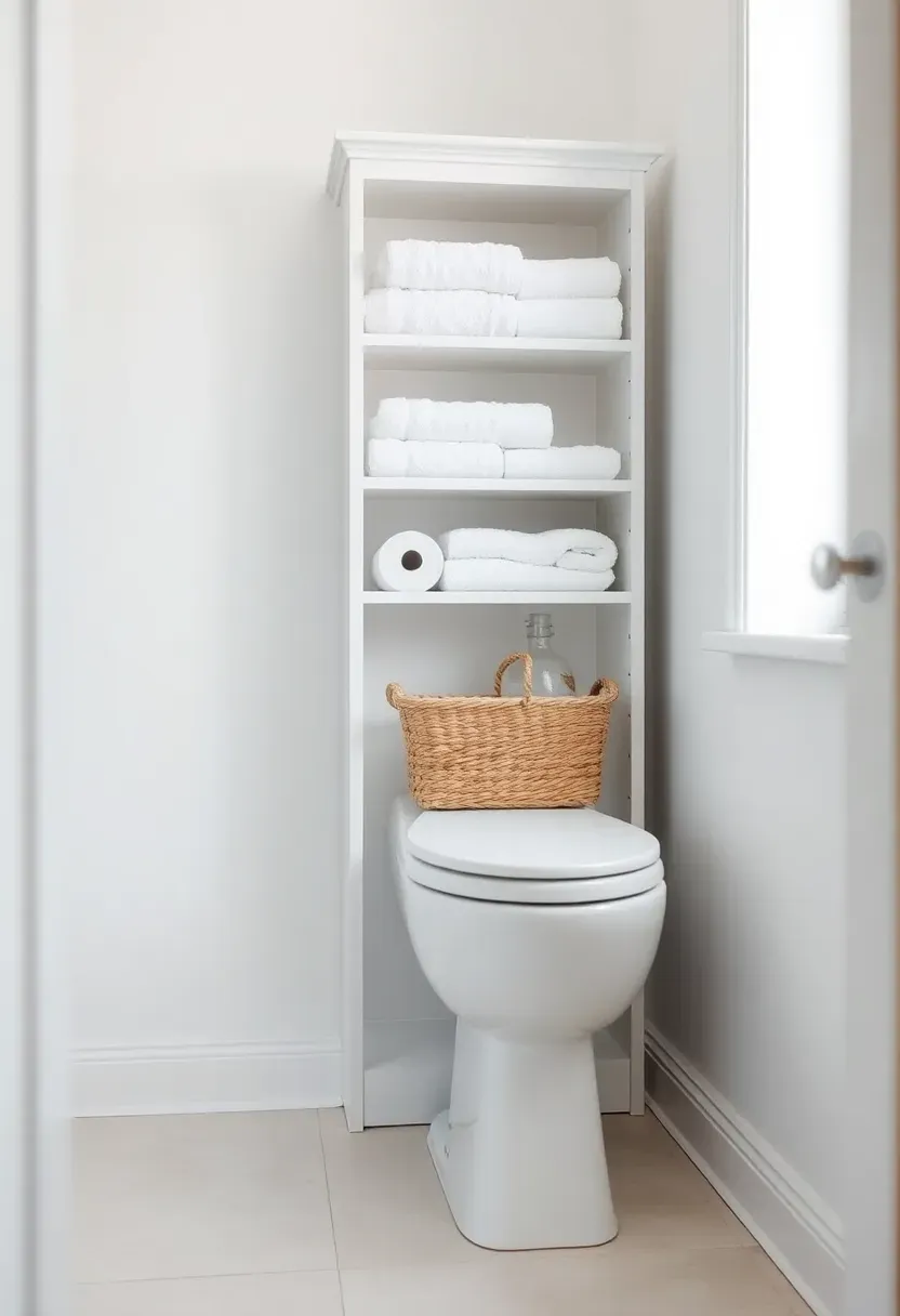 Tall narrow white linen cabinet positioned in the gap beside a toilet, holding rolled towels and a small woven basket of toilet paper