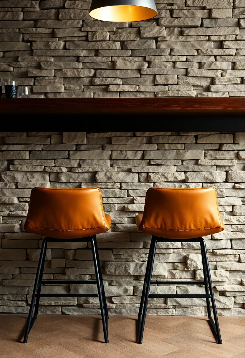 basement bar front clad in stacked natural stone veneer with dark wood countertop and leather-topped bar stools