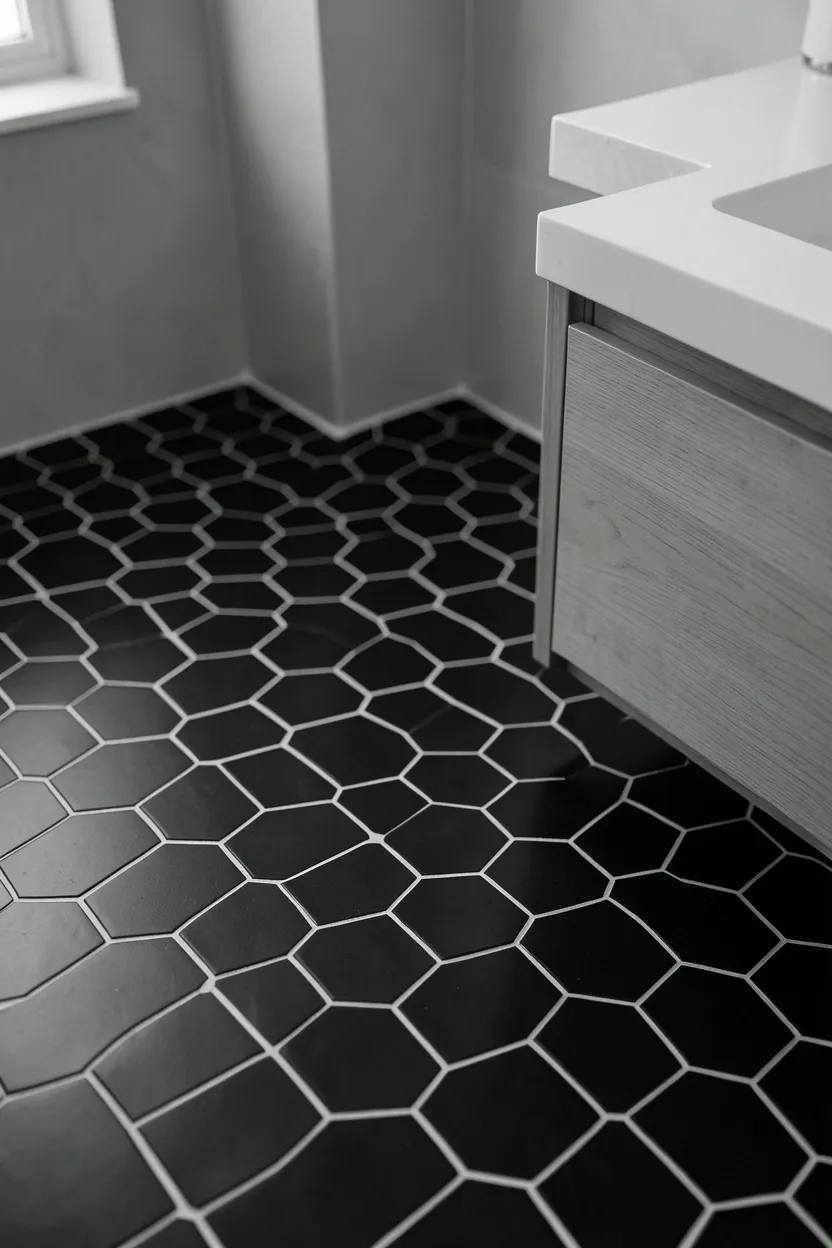 Black hexagonal floor tiles with white grout in a modern bathroom — geometric patterned floor with white wall fixtures