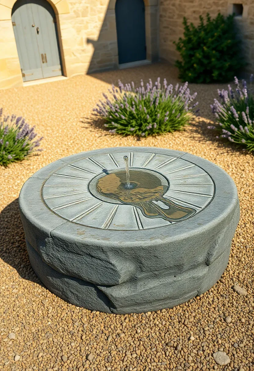 Old granite millstone fountain with water flowing gently over its carved grooves, set in a gravel courtyard with lavender borders