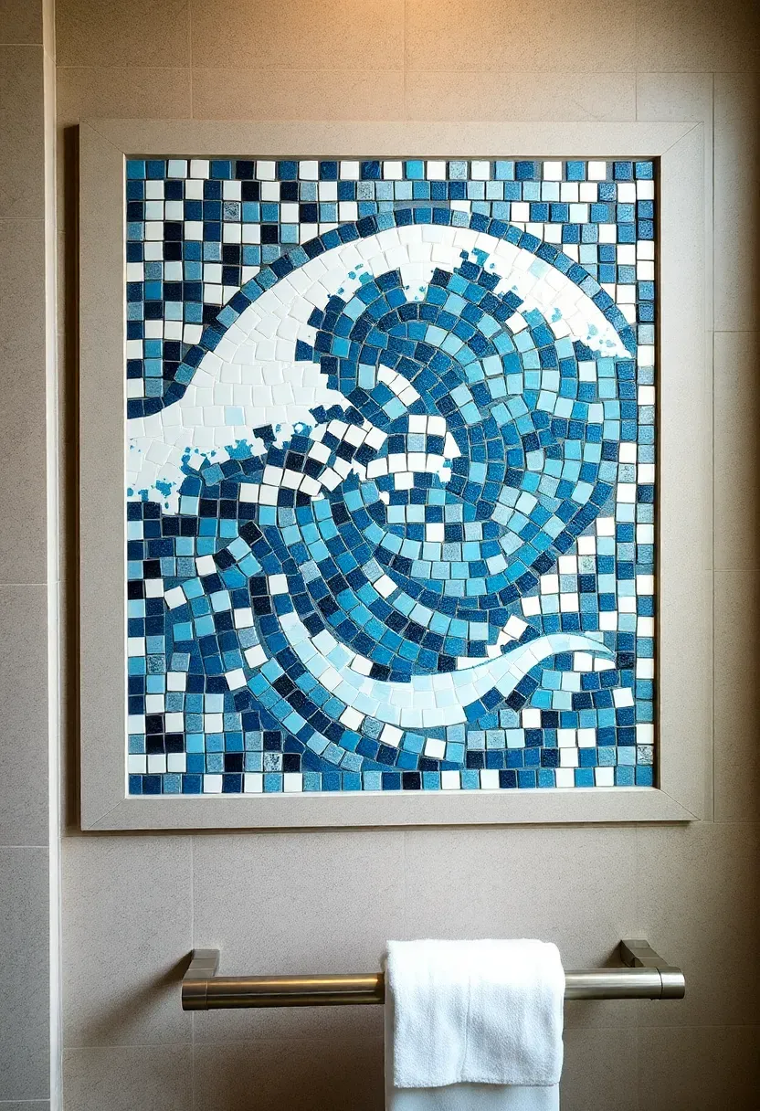 Intricate stone mosaic artwork depicting an ocean wave made from marble and slate pieces on a bathroom feature wall