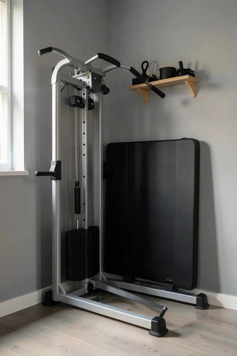 Compact all-in-one multi-gym machine positioned in small room corner delivering full-body strength training in minimal floor footprint